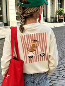 Girls Cute Dachshund Scooter Back Print Long Sleeve Tee, Retro Stripe Casual Fall Top - Apricot - View 1