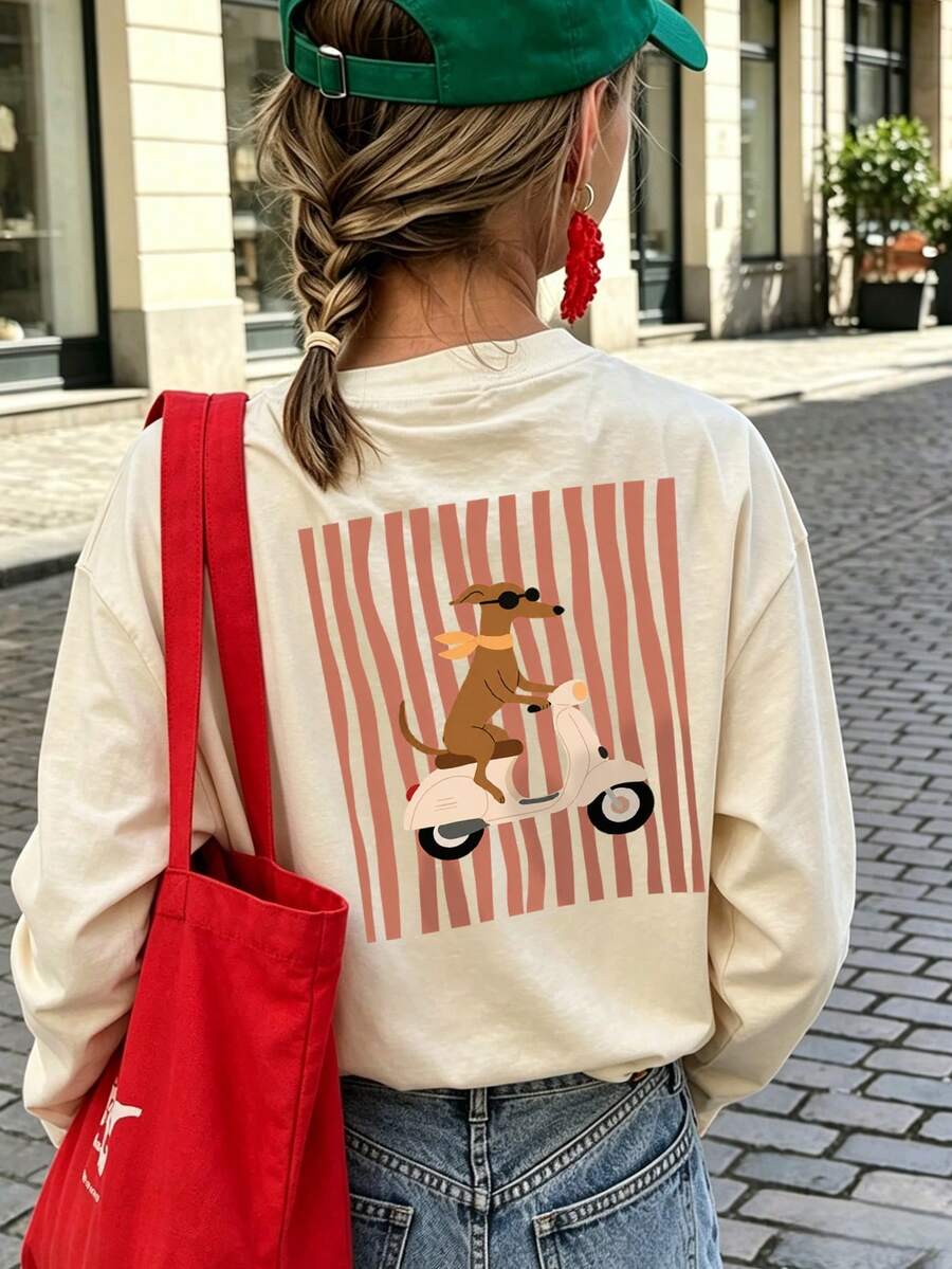 Girls Cute Dachshund Scooter Back Print Long Sleeve Tee, Retro Stripe Casual Fall Top - Apricot - View 1