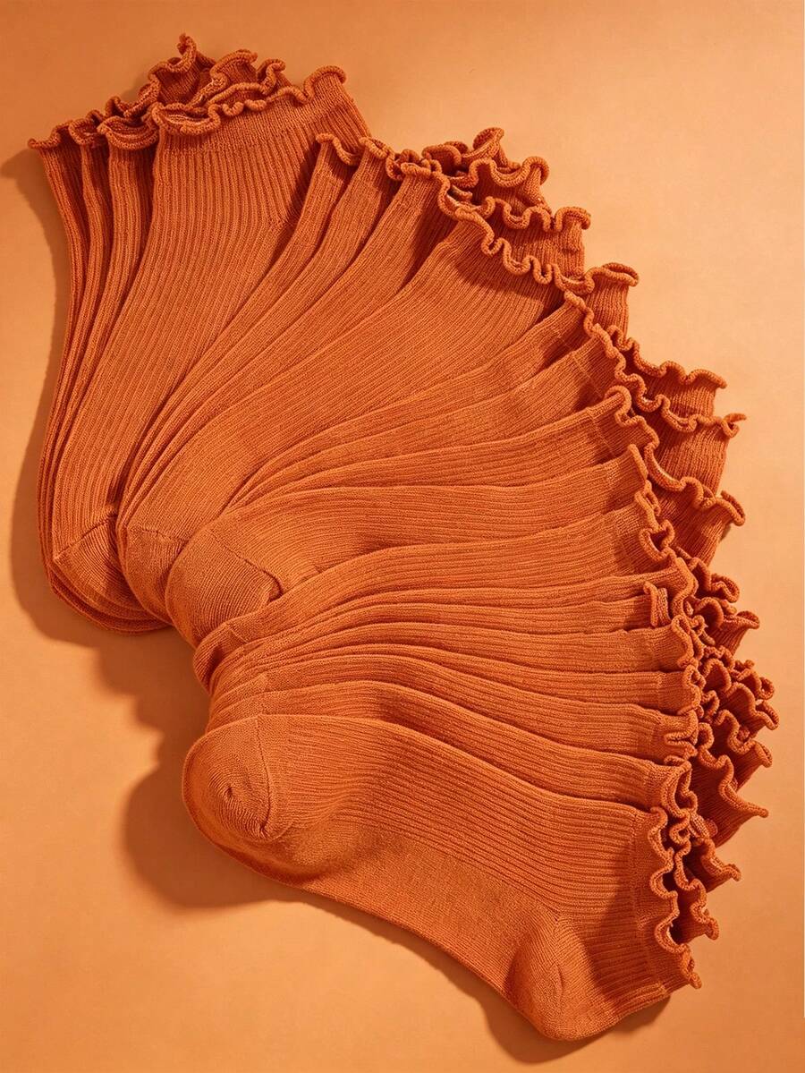 1/5/10 Pairs Of Women's Sweet Orange Pleated Socks, Soft, Comfortable And Breathable, With Pleated Design, Suitable For Daily Wear - Orange - View 1