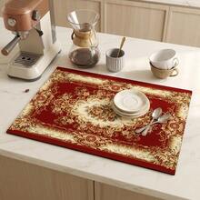 1pc Dish Drying Mat, Coffee Machine Mat, Burgundy European Classical Floral Peony Pattern With Luxury Scroll Border, Multi-Purpose Drainage Mat, Home Gift, Tabletop Decor - XYLSD-649 - View 5