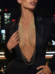 1PC Glamorous Sparkling Tassel Rhinestone Chest Chain, Bridal Wedding Banquet Dress Women Fashion Jewelry Accessory - Gold - View 1