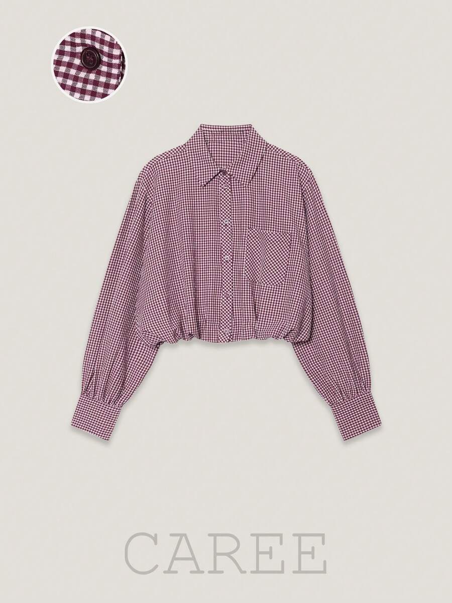 CAREE Women's Spring/Autumn Plaid Short Waist-Cinching Blouse, Lapel Puff Long Sleeve Front Button Shirt - Multicolor - View 1