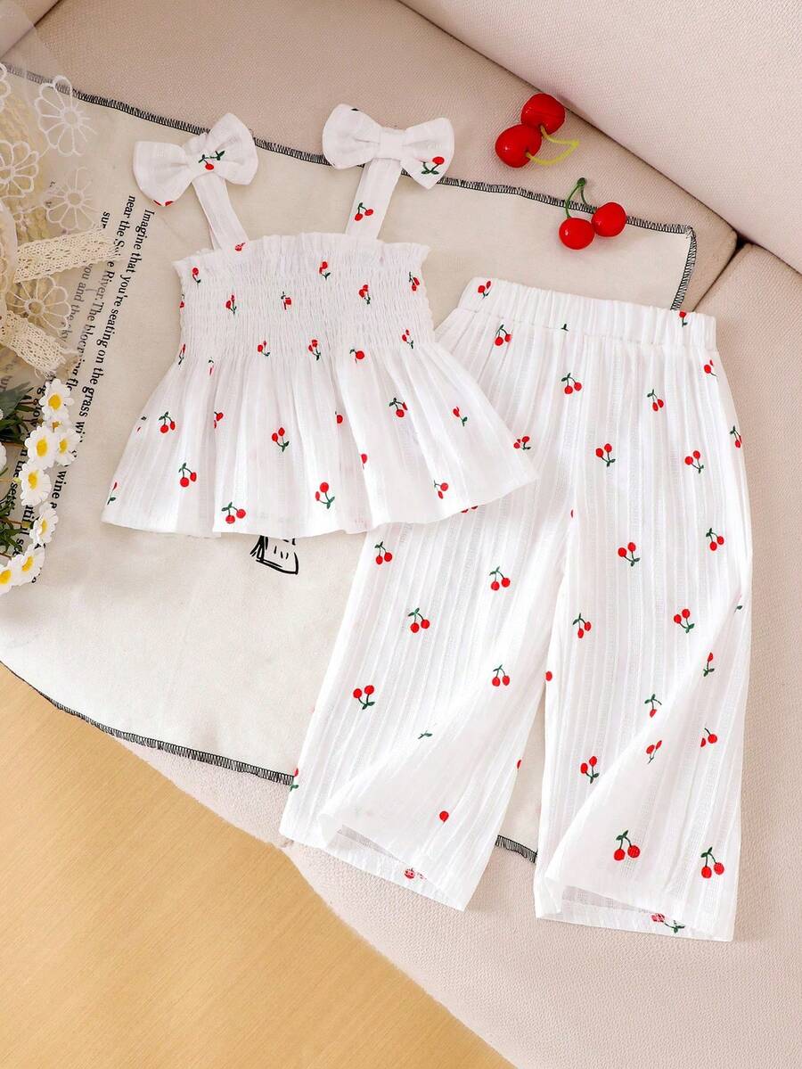 Conjunto de 2 piezas de top de tirantes y pantalones con estampado lindo y fresco para bebé niña, primavera/verano - Blanco - Ver 1