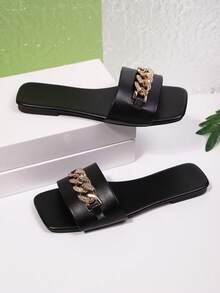 Women's Casual Slip-On Square Toe Chain Buckle Rhinestone Slip-On Sandals, Shiny Holiday Slides - Black - View 9