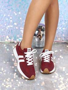 2026 New Retro Suede Sneakers Women, Blue White Casual Lace-Up Trainers, Comfortable Non-Slip Chunky Sole Running Shoes - 紅色 - 查看 6