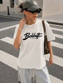 Women's White Y2K Script Letter Graphic Oversized T-Shirt, Drop Shoulder Crew Neck Short Sleeve Loose Fit Streetwear Campus Back To School Sports - White - View 4
