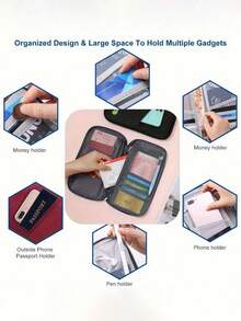 1 pièce Porte-passeport de voyage premium - Avec fermeture éclair, fentes pour carte d'identité et carte de crédit, poche pour téléphone - Sac de rangement à carreaux noir et blanc, organisateur pliable en silicone portable | Rangement de documents sécurisé essentiel pour les vacances | Design à la mode, utilisation toute saison, porte-passeport indispensable pour les voyages en famille - Multicolore - Voir 9