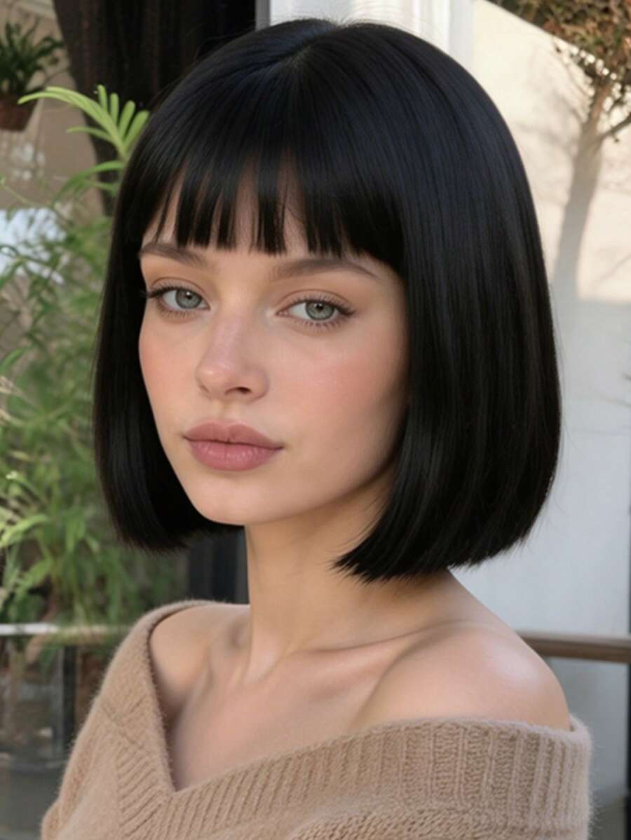 12 Inch Black Straight Bob Wig With Bangs, Elegant Short Hair, Suitable For Holiday Party And Date Styling - Black - View 1