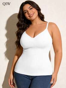 1 pieza Camiseta moldeadora de unicolor con ajuste inalámbrico y tirantes ajustables para mujer de talla grande - Blanco - Ver 3