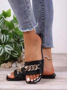 Women's Casual Slip-On Square Toe Chain Buckle Rhinestone Slip-On Sandals, Shiny Holiday Slides - Black - View 6