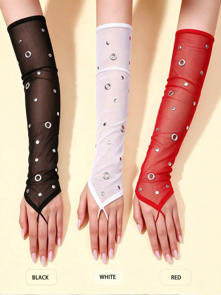 1 Pair Women's Arm Sleeves Mesh Sheer Rivet Finger Hook Long Gloves ...