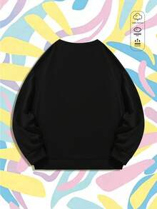 SHEIN X FRIENDS Women's Solid Color Crew Neck Sweatshirt, Drawing Of Life Characters, Perfect For Spring Outings, Casual Everyday Wear Black - Black - View 5