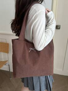 Corduroy Solid Color Shoulder Tote Bag - Coffee - View 5