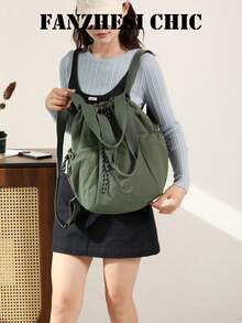 Mochila tipo cubo de nailon suave con cierre de cordón, múltiples bolsillos laterales, decoración de logotipo redondo, uso versátil, bolsa casual para viajes y desplazamientos - Verde militar - Ver 4