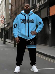 American Basketball Streetwear, Light Blue Los Angeles Cursive Letter Hoodie & Black No. 30 Striped Sweatpants Set - Multicolor - View 1