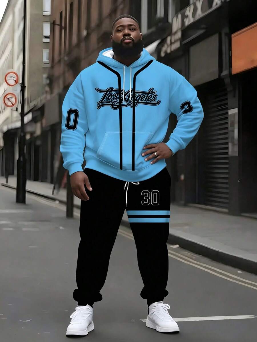 American Basketball Streetwear, Light Blue Los Angeles Cursive Letter Hoodie & Black No. 30 Striped Sweatpants Set - Multicolor - View 1