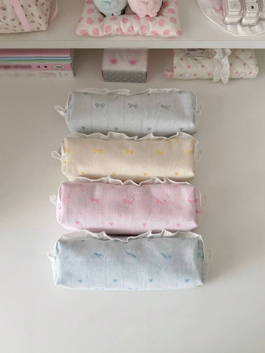 1pc Korean Style Pink Bow Lace Pencil Case, Ins Minimalist Large Capacity Stationery Storage Pencil Pouch,Back To School Season - Multiple Styles - View 1
