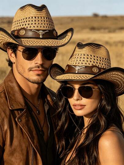 1 Sombrero de sol decorativo con estampado degradado estilo vaquero occidental unisex, combinado con una cadena de sombrero de cuero con cabeza de toro, sombrero de playa con protección solar