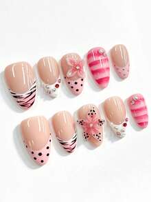 10PCS Minimalist Sweet Cool Cute Y2K Hand-Painted Pink White Gradient French Black Polka Dot Zebra Stripe Pink Stripe 3D Pink Carved Red Pink Rhinestone Pearl Short Almond Press-On Nails, Sweet Daily Carved Fake Nail Tips Handmade Press On Nails - Multicolor - View 2