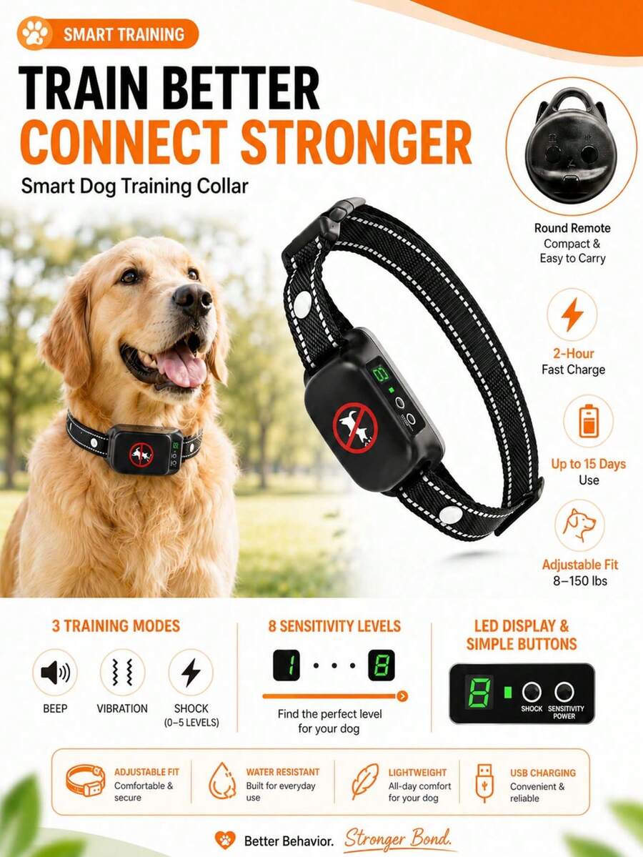 Kalung Anti Gonggong Anjing, Kalung Pelatihan Anti Gonggong Isi Ulang dengan Mode Bunyi & Getaran, 8 Tingkat Sensitivitas yang Dapat Diatur, Deteksi Gonggong Cerdas, Tali Reflektif yang Dapat Diatur untuk Anjing Kecil, Sedang, dan Besar - Hitam - View 1