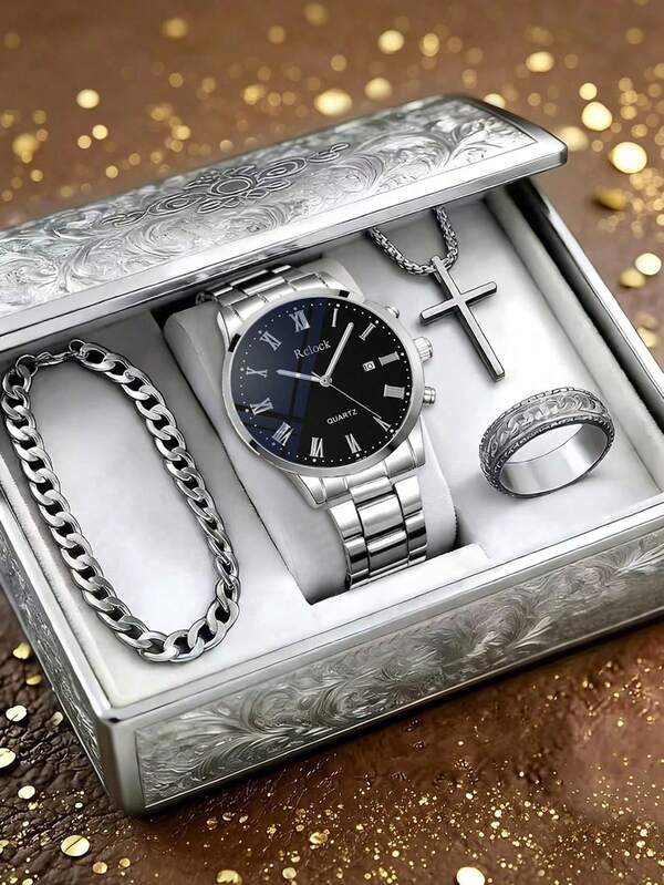 4-Piece Men's Silver Business Luxury Watch Set, Black Dial Roman Numeral Silver Stainless Steel Band Watch, Paired With Thick Men's Bracelet, Cross Men's Necklace, Engraved Men's Ring, Mature Men's Accessories, Suitable For Father's Day, Birthday, Valentine's Day As Luxury Gift For Boyfriend, Son, Gift Box Not Included