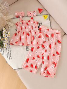 2 piezas Conjunto de top de tirantes y pantalones con estampado lindo y fresco para bebé (niña), primavera/verano - Naranja Coral - Ver 1