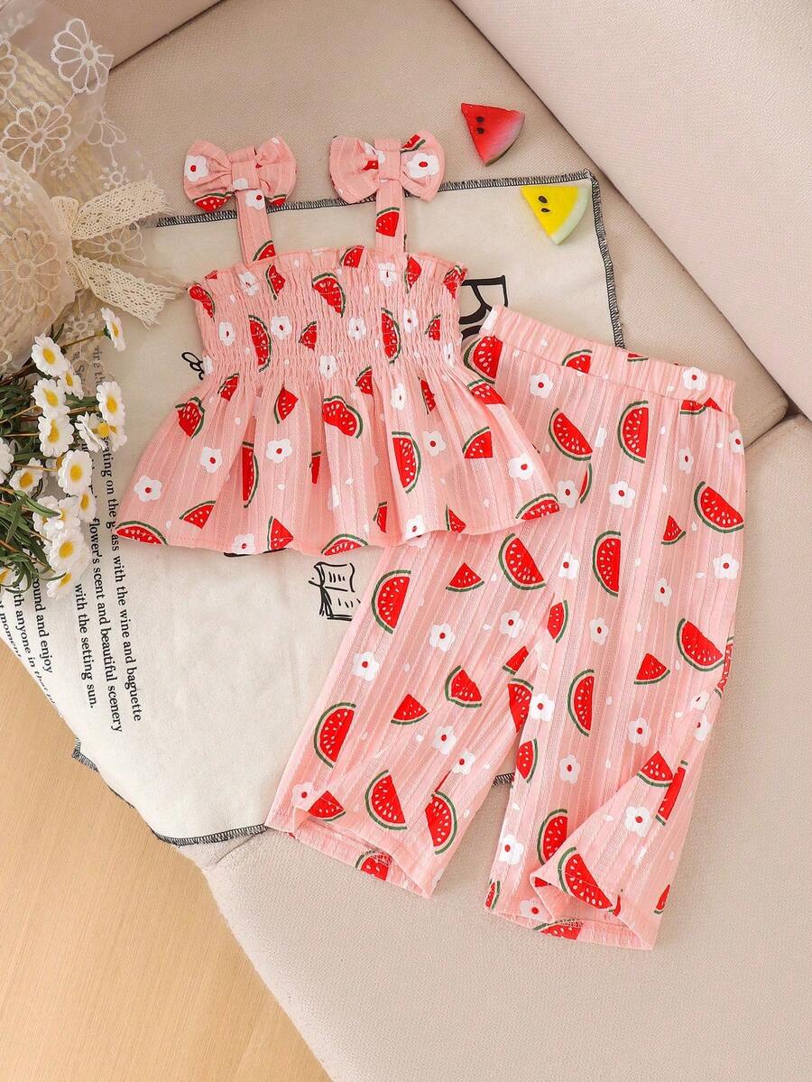 2 piezas Conjunto de top de tirantes y pantalones con estampado lindo y fresco para bebé (niña), primavera/verano - Naranja Coral - Ver 1