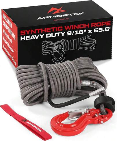 Armortek Extreme Synthetic Winch Rope, Heavy Duty Tow Rope 9/16u201d X 65.6u2019, Ultra-Strong 12 Strand Core - Winch Kit For Car, Truck, UTV/ATV
