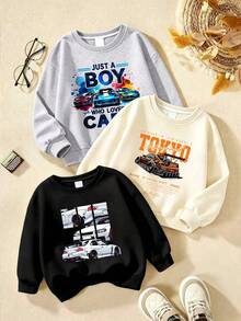 3pcs/Set Boys Car Print Crew Neck Sweatshirt, Autumn/Winter Fashion Comfortable New Style Top - Multicolor - View 1