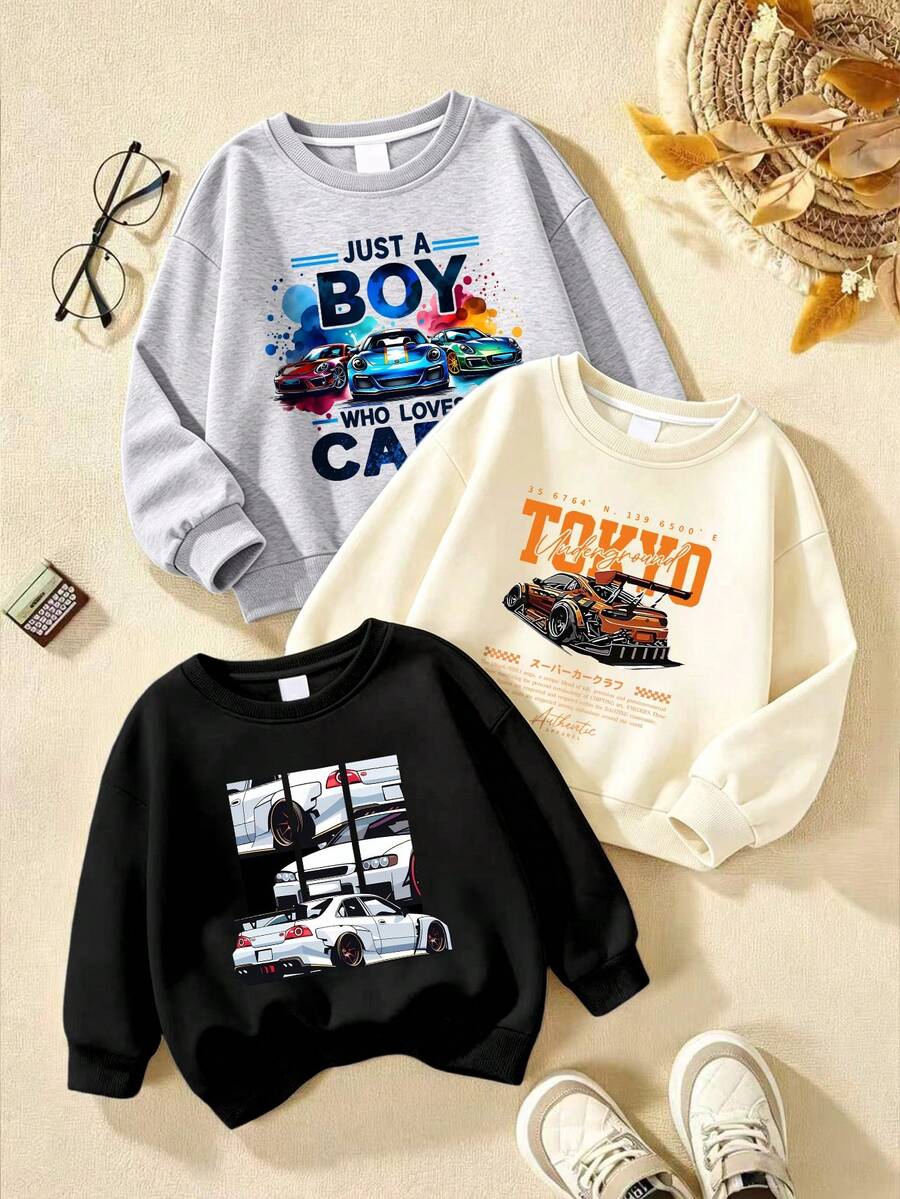 3pcs/Set Boys Car Print Crew Neck Sweatshirt, Autumn/Winter Fashion Comfortable New Style Top - Multicolor - View 1