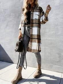 Fall Outfits, Brown White Plaid Oversized Long Flannel Shirt Jacket, Lapel Pocket Button Down Loose Shacket Coat - Khaki - View 2