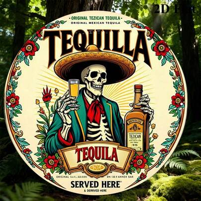 1pc 8*8 Inch Round Iron Sign, Vintage Decorative Plaque About "Tequila", Suitable For Decorating Bars, Restaurants, Game Rooms, Garages, Perfect For Bar's "Tequila" Theme Decoration, Pre-Drilled Holes, Style As Shown In Dimension Diagram