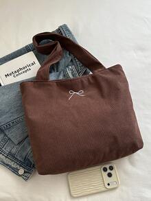 Corduroy Solid Color Shoulder Tote Bag - Coffee - View 8