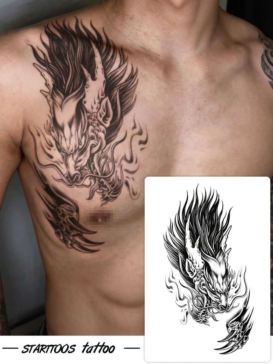 STARTTOOS 1pc Large Arm Tattoo Sticker For Men, Black Bold Dragon Head & Claw Pattern, Temporary Tattoo Decal For Arm, Chest, Abdomen, Leg, Party Gift, DIY Holiday Gift - Black - View 1