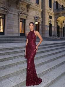 Sequin Glamorous Halter Neck Evening Gown Party - Burgundy - View 5
