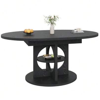 Extendable Dining Table With Storage, 110–150 Cm, Wood Effect/Black, Load Capacity Up To 60 Kg, Round To Oval