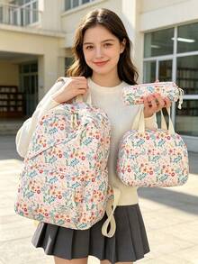 1 Set Casual College Style Floral Pattern Backpack Set, Includes Backpack, Lunch Bag And Pencil Case, With Laptop Compartment, Adjustable Shoulder Straps, Multi-Pocket Large Capacity, Multi-Function School Bag Set, Suitable For Girls/Teenagers/College Students/Graduates Daily Use/Vacation/Travel/Back To School. - 2347 - View 1