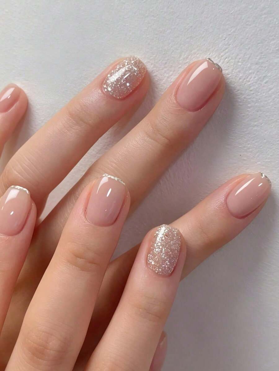 24pcs Short Square Sexy Style Pink Semi-Transparent Glamorous Sequin Glitter Design Press-On Nails, Suitable For Party, Dance Or Daily Wear - Baby Pink - View 1