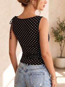 Débardeur court sans manches pour femme, noir à pois, épaule asymétrique avec lien à nouer, froncé, coupe ajustée style vintage, printemps/été, adapté pour vacances à la plage, rendez-vous, shopping, sous-vêtement quotidien, trajets, soirée, fête de rentrée scolaire - Noir - Voir 6