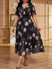 Fleurora Plus Size Women's Dress,Floral V-Neck Flared Sleeve Vintage Wedding Guest Vacation Elegant Summer - Multicolor - View 7