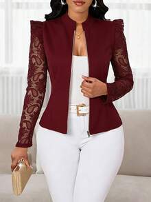 1pc Plus Size Women's Blazer, Lace Patchwork Sleeve, Zipper, Open Front Blazer, Blazer For Women, Office For Women, Work For Women, Business Casual - Burgundy - View 1