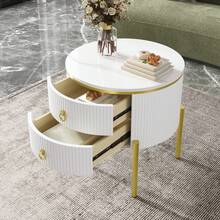 Side Table With Drawers - Marble Structure Golden - 白色 - 查看 1