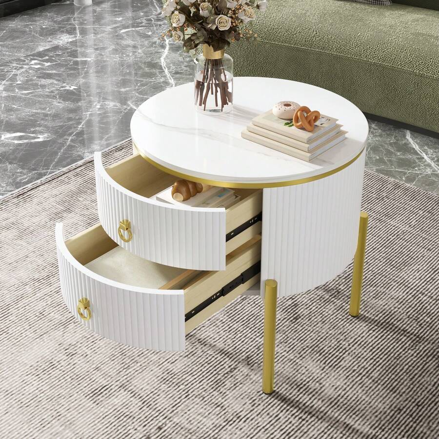 Side Table With Drawers - Marble Structure Golden - 白色 - 查看 1