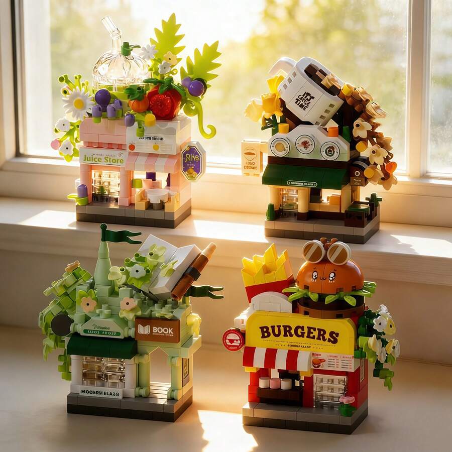 多款微粒城市街道場景積木禮盒 6款,花店咖啡店攝影工作室迷你街道組裝裝飾,療癒減壓教育組裝玩具,培養兒童動手能力與專注力,桌面裝飾,開學畢業生日禮物送給同學與孩子 - 彩色 - 查看 1