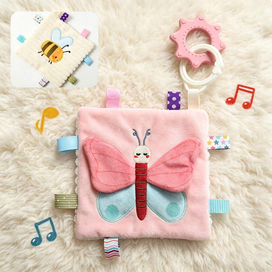 1 pieza Manta de bebé acanalada de doble cara color beige con abeja & mariposa, tela acanalada suave, etiquetas de cinta coloridas, efecto de sonido chirriante, anillo mordedor de silicona, entrenamiento multisensorial, regalo de luna llena/regalo de 1er cumpleaños/regalo de maternidad
