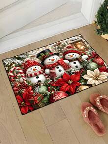 1/16pcs 15.75x23.62in/19.69x31.5in Christmas Snowman Pattern, Decorated With Poinsettia, Christmas Balls And Red Holly Berries, Suitable For Entryway, Kitchen, Balcony, Bedroom And Other Areas, Adding Festive Winter Atmosphere To Home Decor - Multicolor - View 2