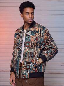 MAISONFOX Men's Street Style Vintage Colorful Print Long Sleeve Short Stand Collar Jacket, Button Jacket, Baseball Jacket, Men's Jacket, Motorcycle Jacket - Black - View 4