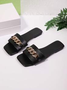 Women's Casual Slip-On Square Toe Chain Buckle Rhinestone Slip-On Sandals, Shiny Holiday Slides - Black - View 8