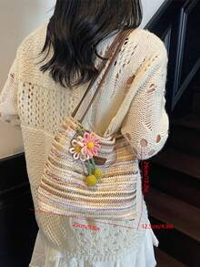 Dedoo 時尚編織草編水桶包，彩虹條紋海灘度假女款手提包，可轉換單肩與腋下包，附贈隨機吊飾 - 卡其色 - 查看 11