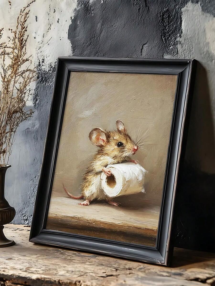 1pc Funny Mouse Holding Toilet Paper Art Print, Toilet Paper Flowers Print, Festival Gift, Suitable For Bedroom,Living Room, Bathroom,Wall Arts,Wall Decor,Home Decor,Room Decor, Canvas Wall Art, Posters, Wall Art With Frame, Optional Frame - 1PCS - View 1